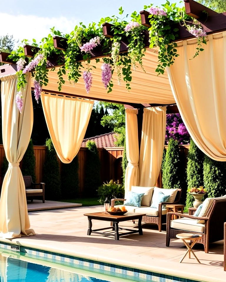 pergola with drapes around pool patio