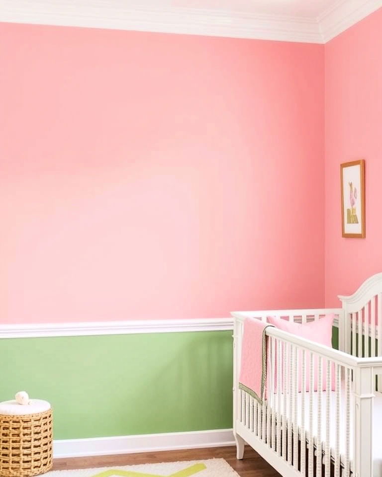 pink and green color blocked walls nursery