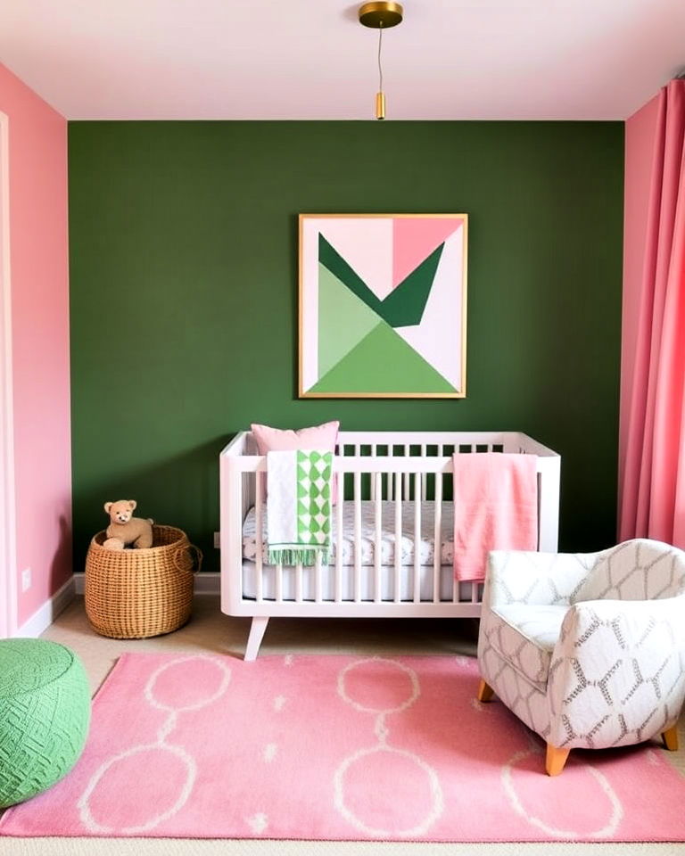 pink and green geometric patterns for a modern nursery