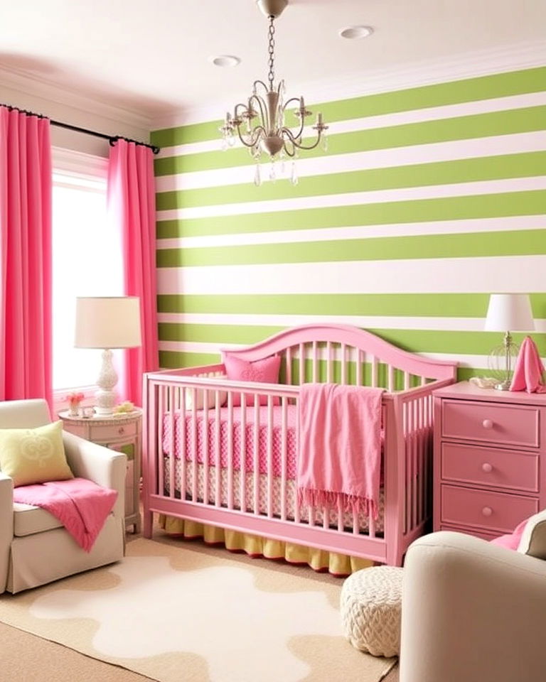 pink and green stripes nursery for visual interest