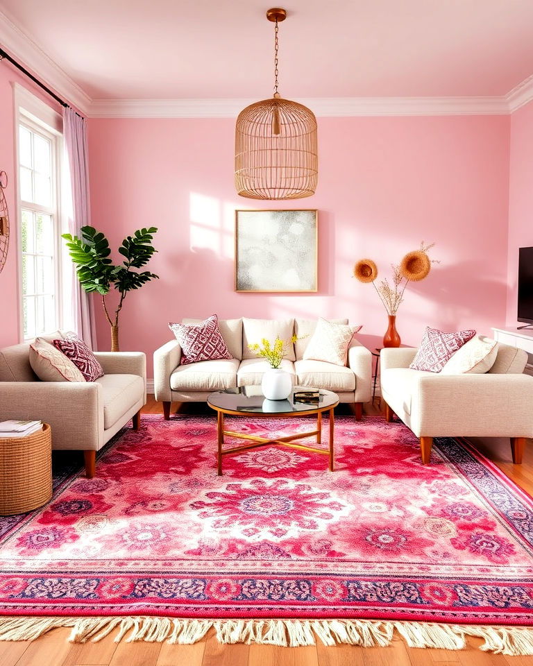 pink bohemian rug with intricate patterns