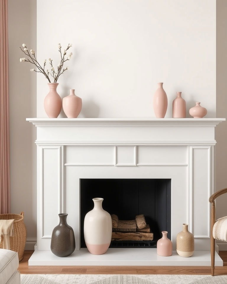 pink ceramic vases for fireplace mantel