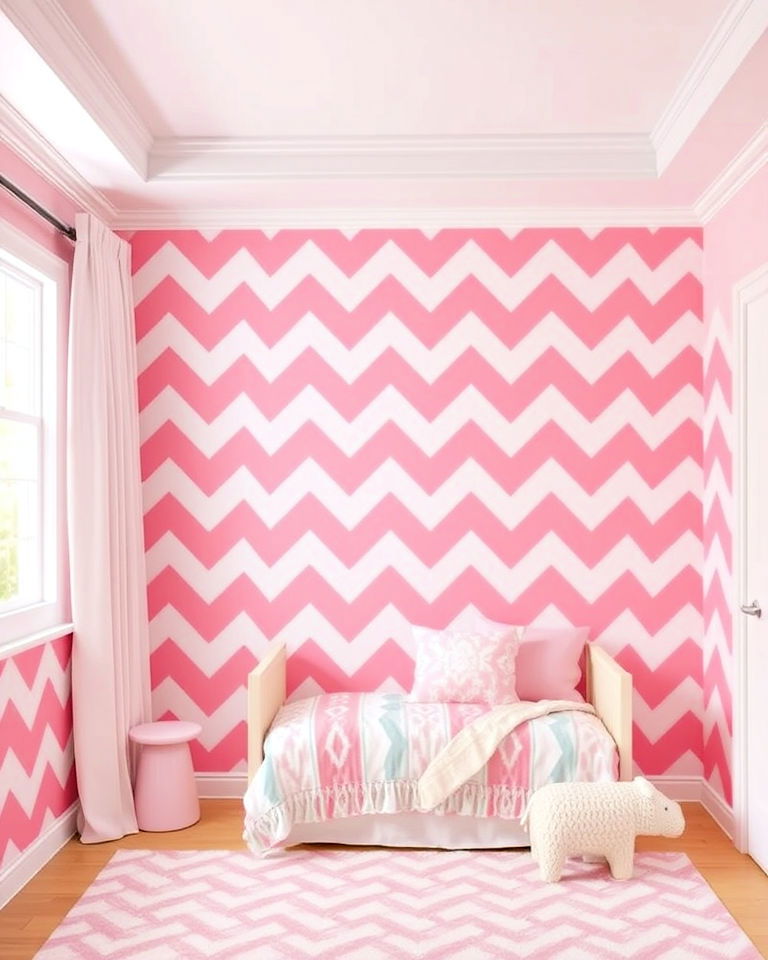 pink chevron patterned wall kids room