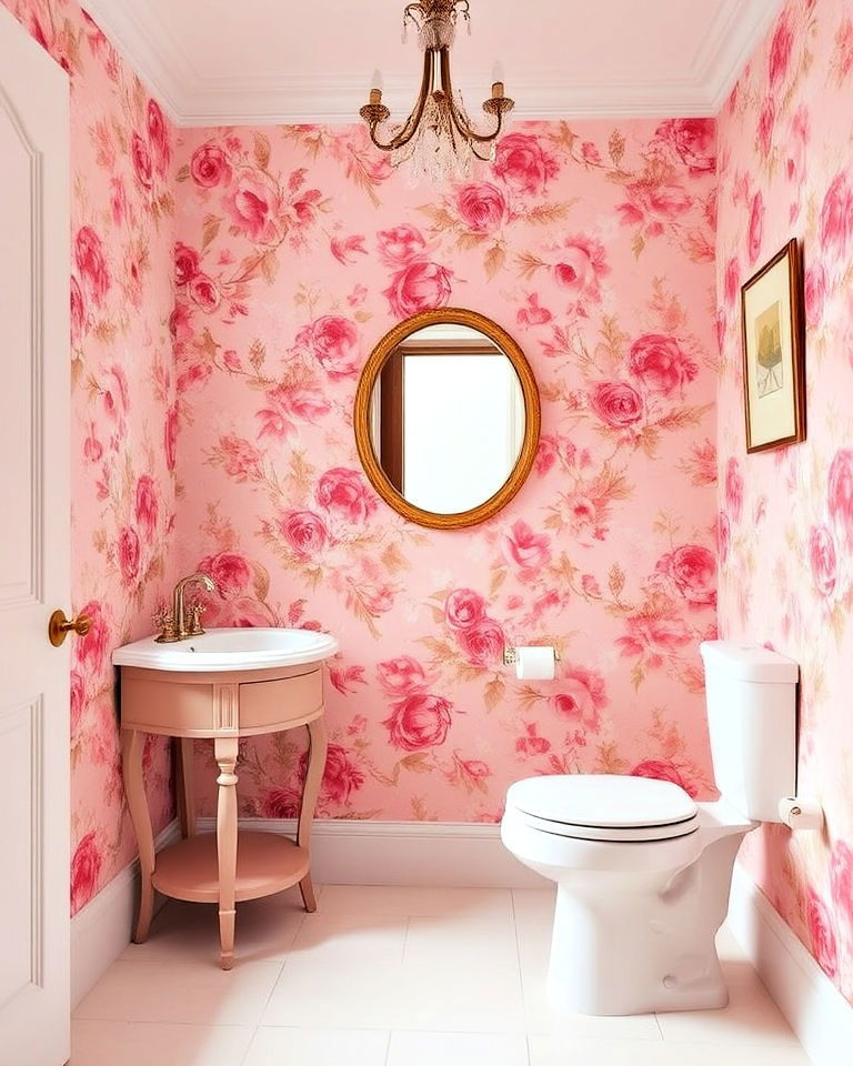 pink floral wallpaper powder room