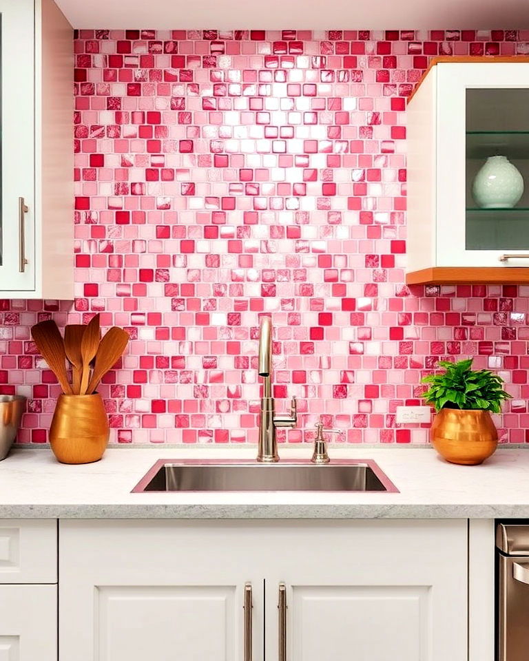 pink mosaic tile kitchen backsplash