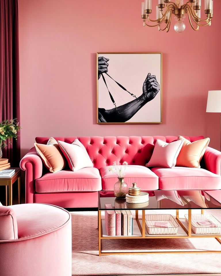 pink velvet living room furniture