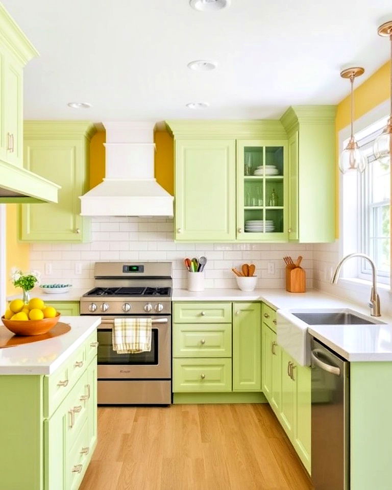 pistachio green cabinets with soft yellow walls