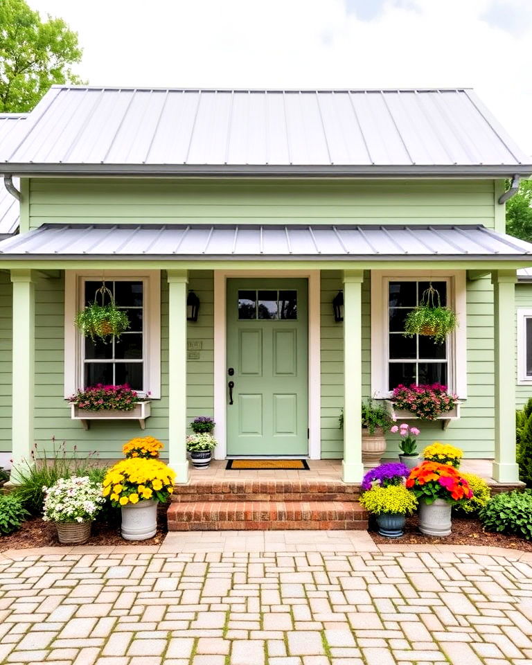 pistachio green farmhouse exterior with neutral gray