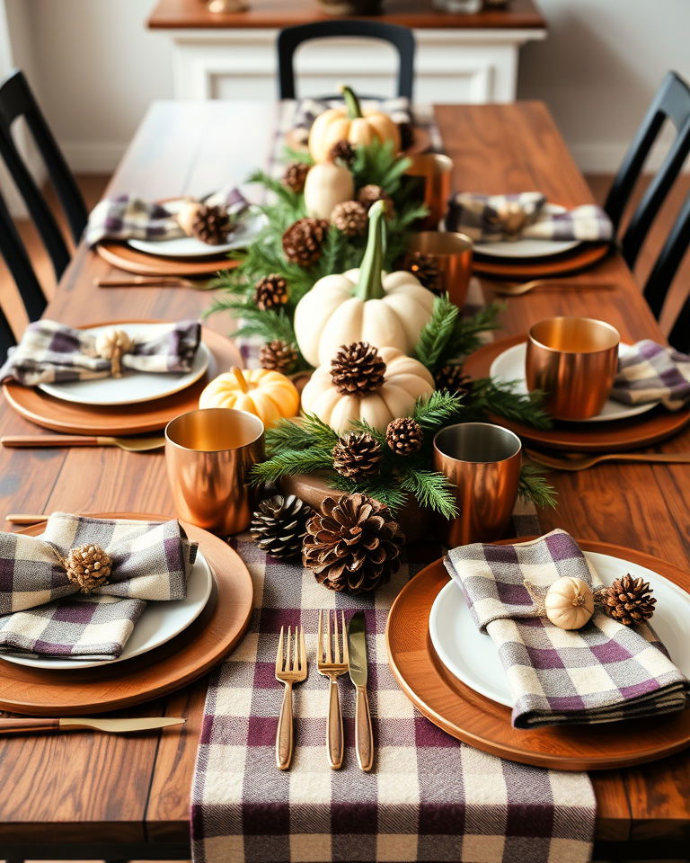 plaid and pinecones rustic table