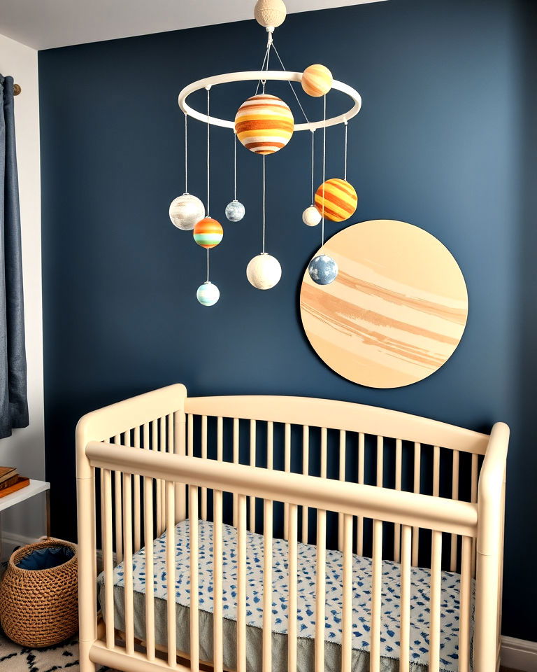 planetary mobile above the crib