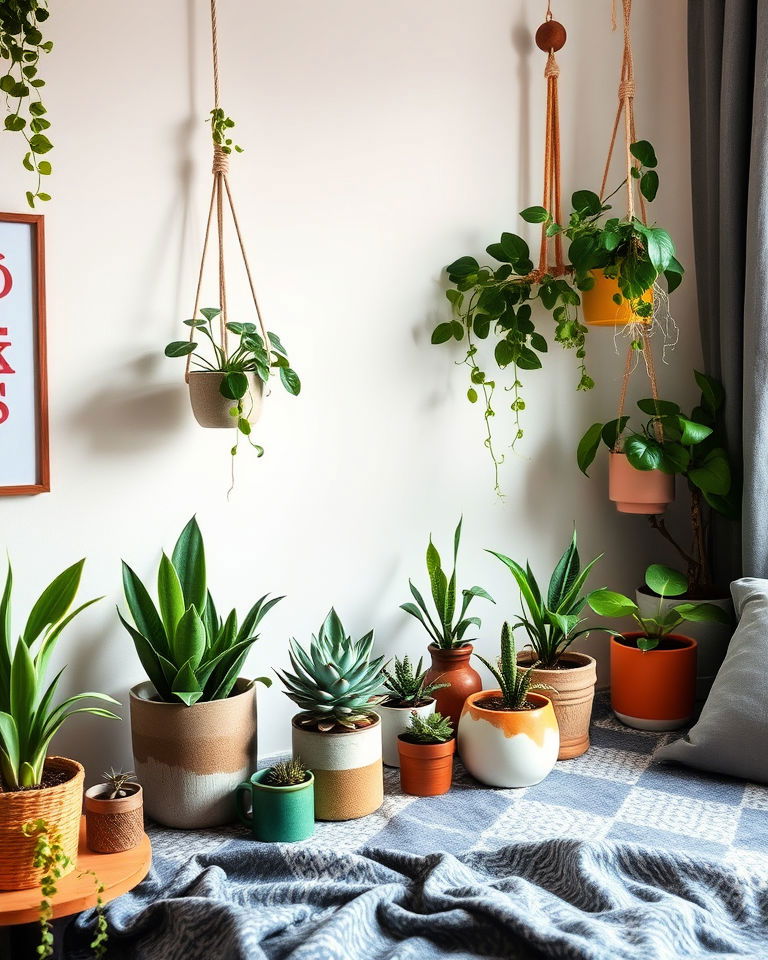 plants in unique planters indie room