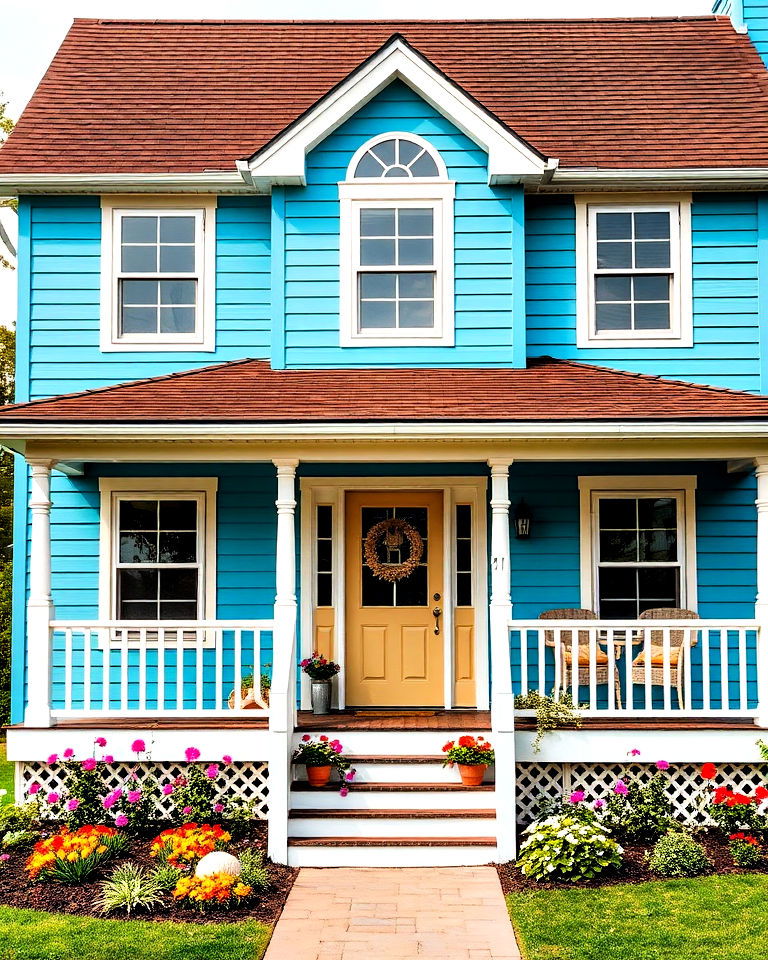 playful aqua blue siding with a chocolate roof