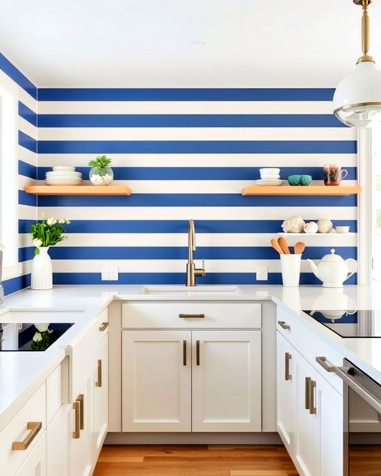 playful blue and white striped kitchen backsplash