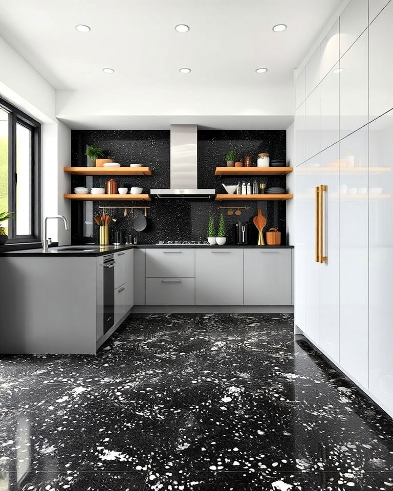 playful yet elegant black terrazzo kitchen flooring