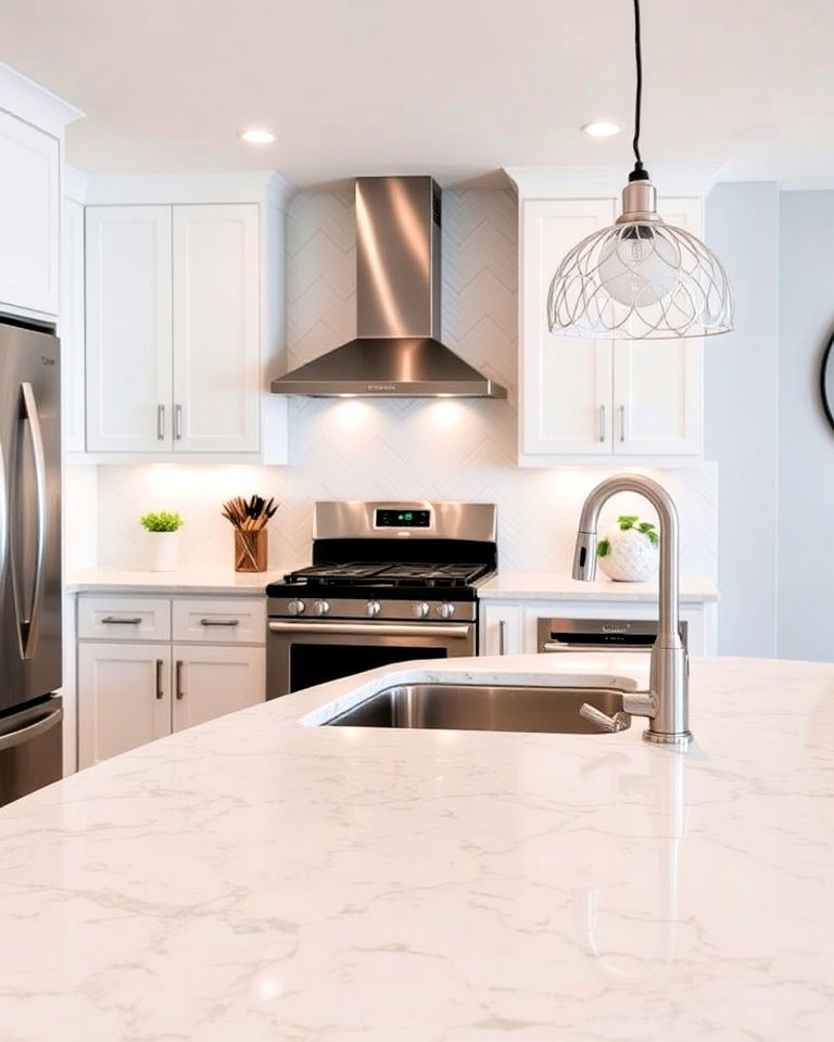 polished white granite countertop with subtle patterns