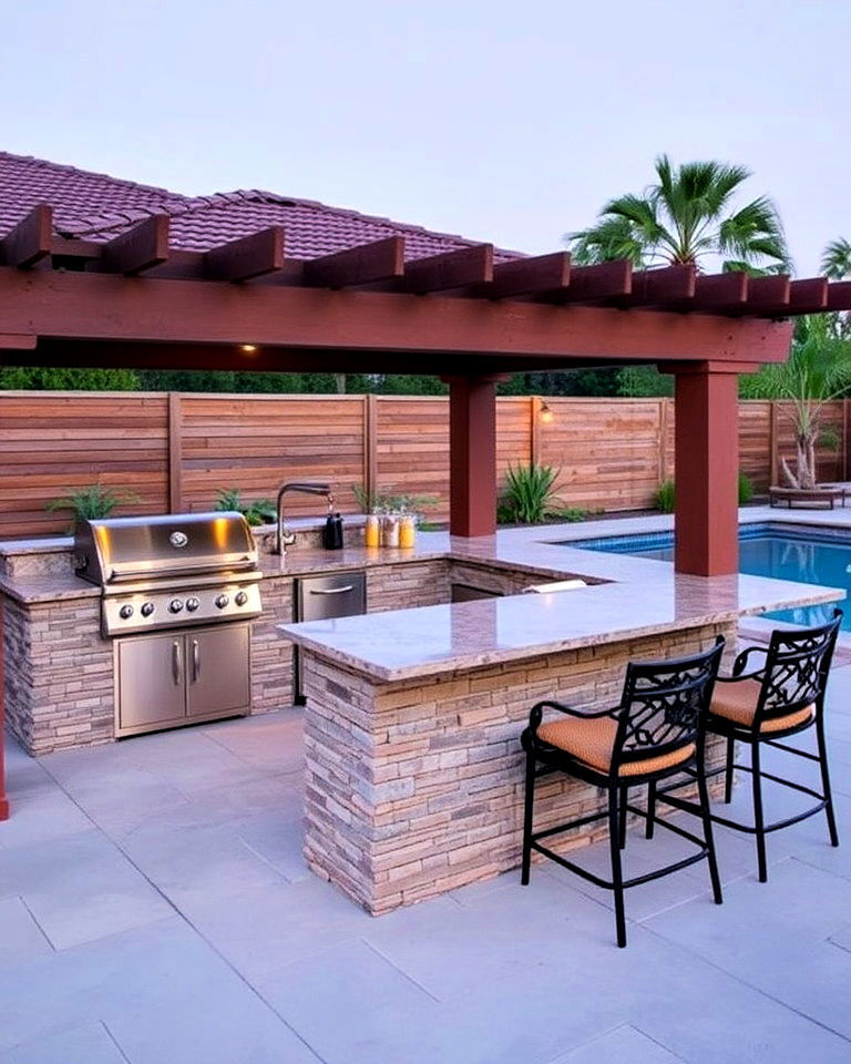 poolside grill station with bar seating