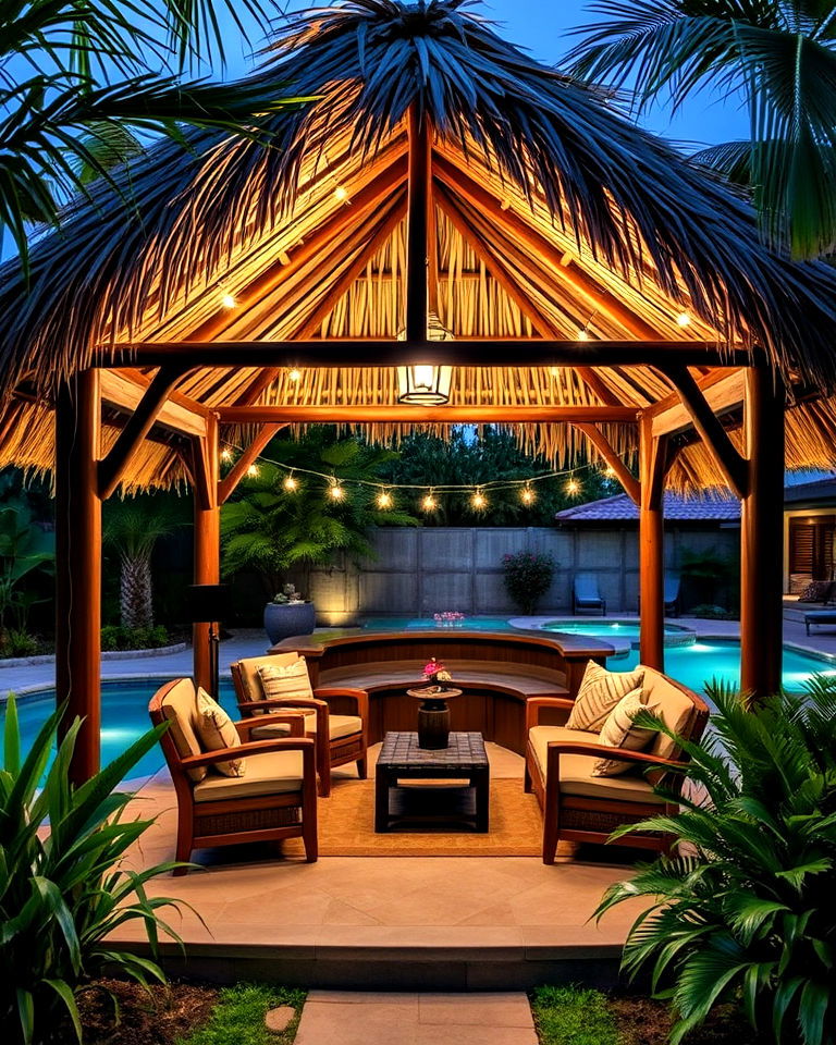 poolside tiki huts for a shaded tropical retreat