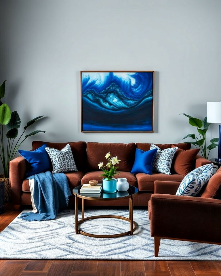 pops of blue for brown couch living room