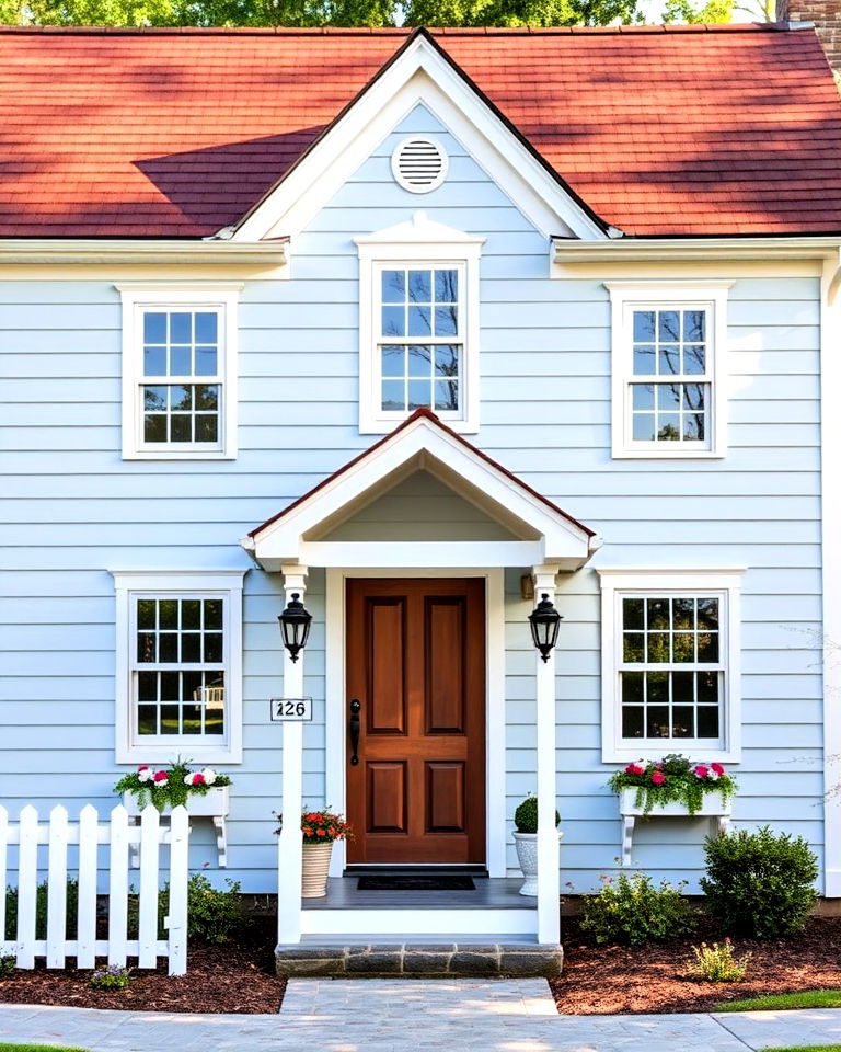 powder blue exterior with a mahogany roof design