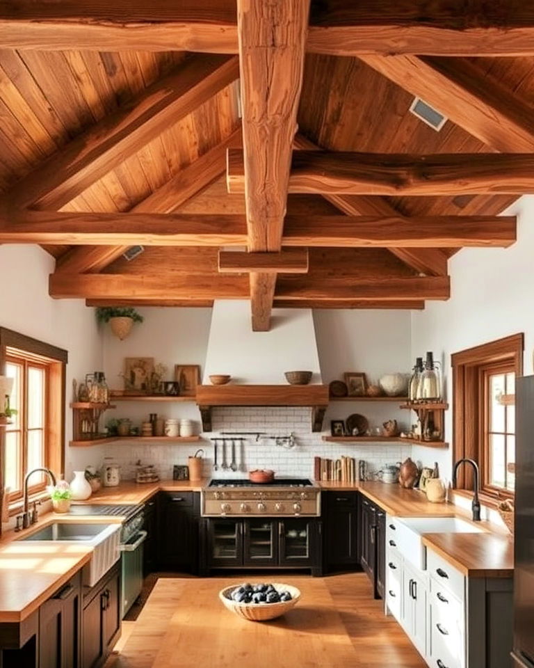 primitive kitchen with wooden ceiling beam