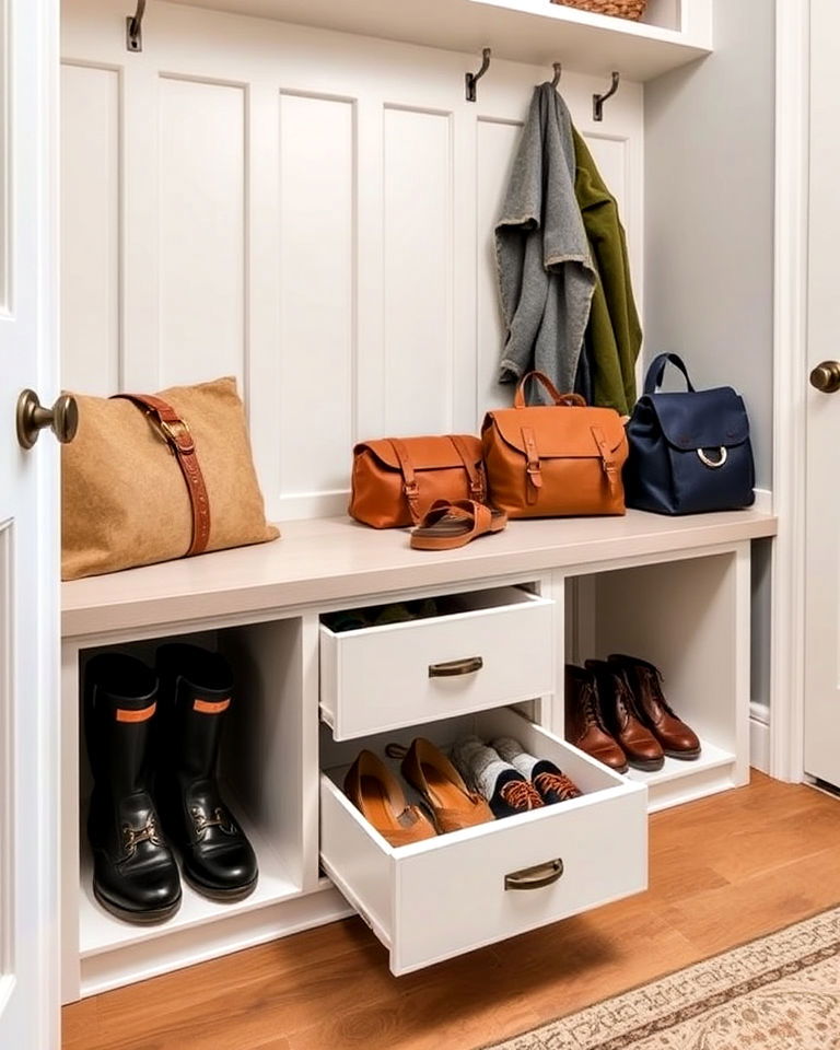 pull out storage drawers in your boot room