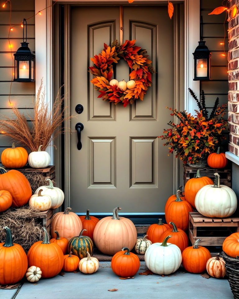 pumpkin filled entryway decor for thanksgiving