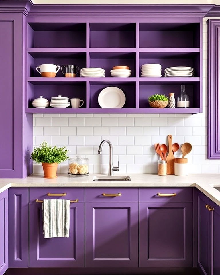 purple kitchen shelving for dishware display