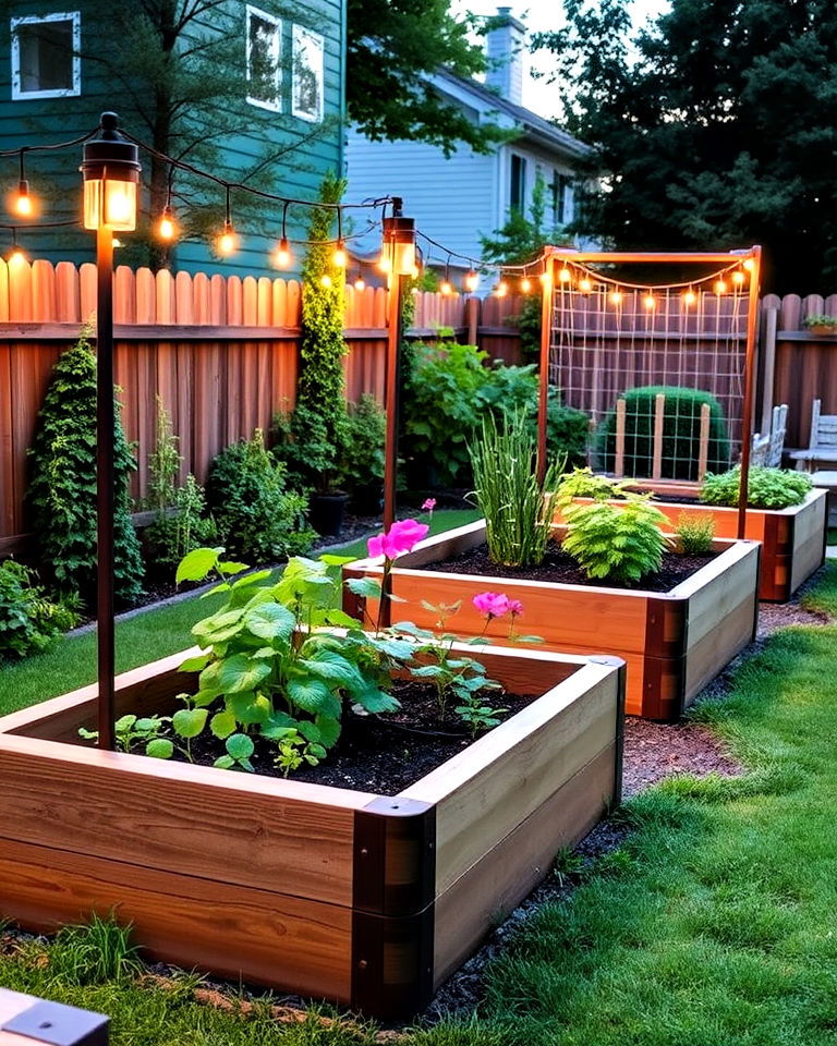 raised garden bed with lighting for nighttime gardening