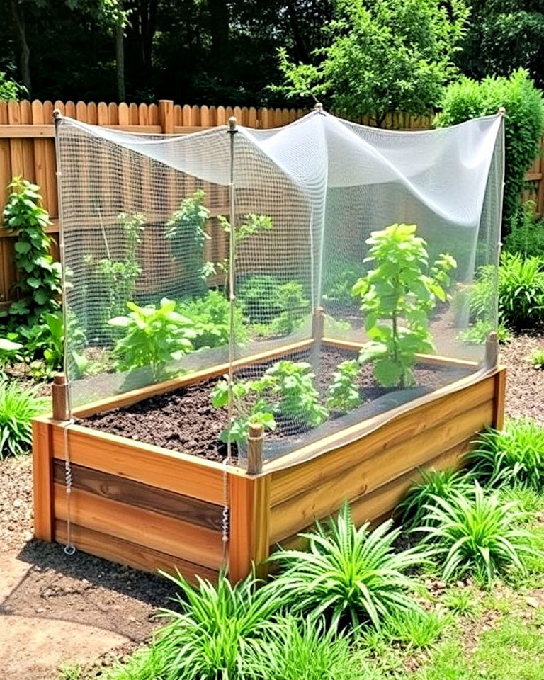 raised garden bed with netting for pest protection