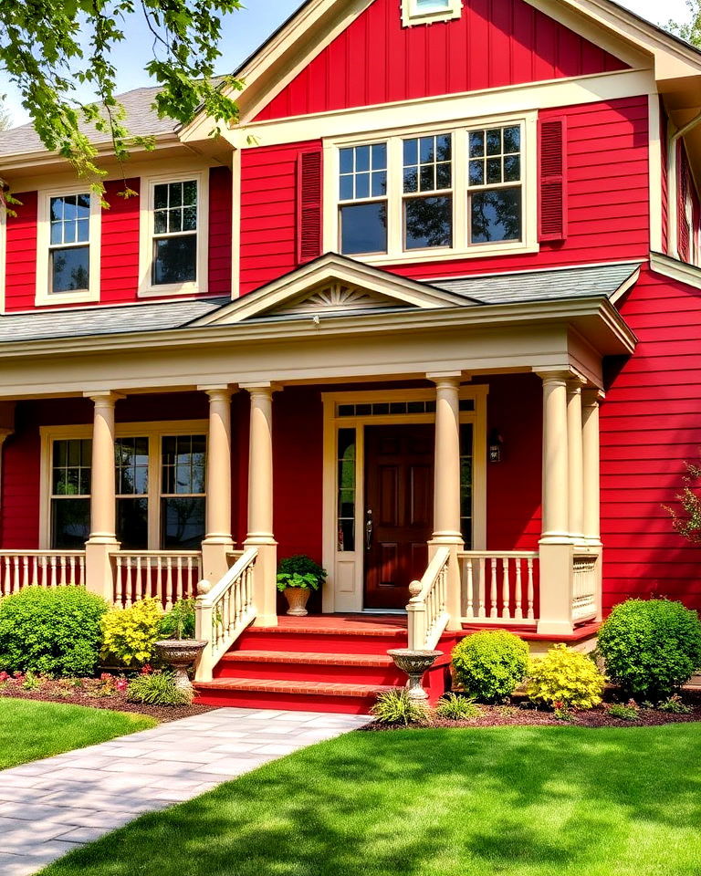 red and beige traditional exterior home