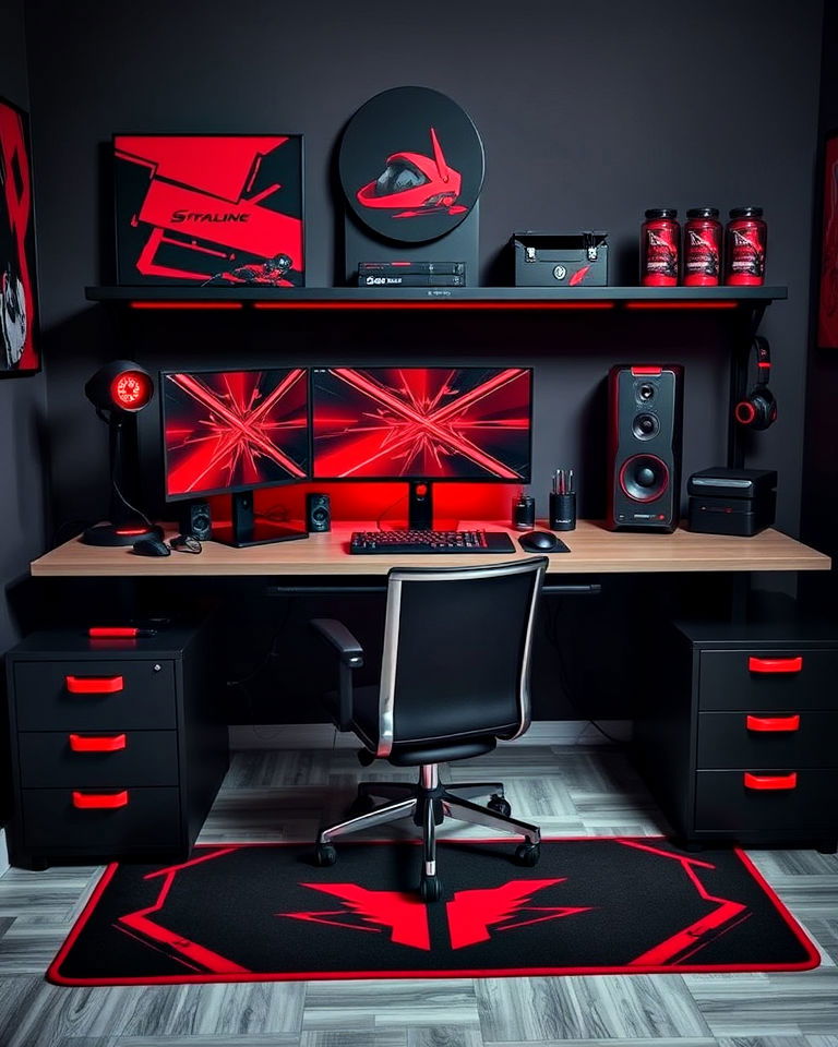 red and black themed accessories gaming setup