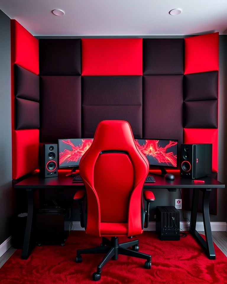 red and black wall panel gaming setup