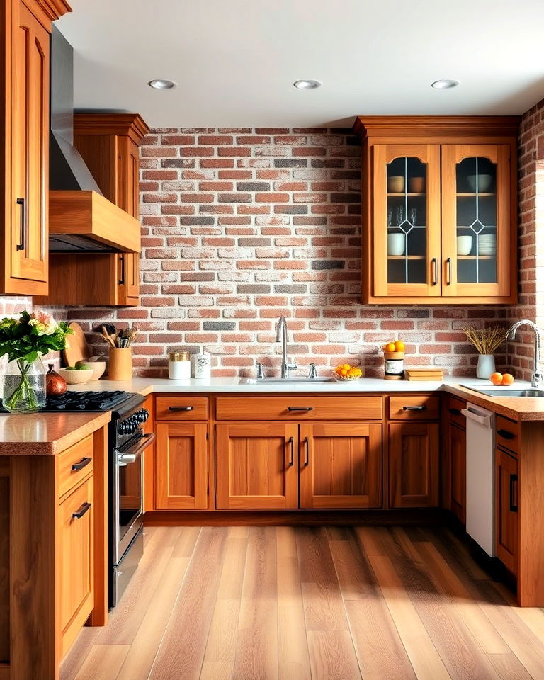 red brick with wooden cabinetry for kitchen
