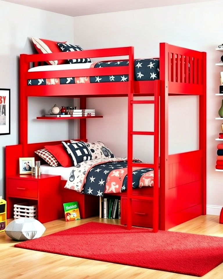 red loft bed with storage
