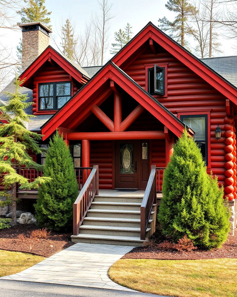 red log cabin style exterior home