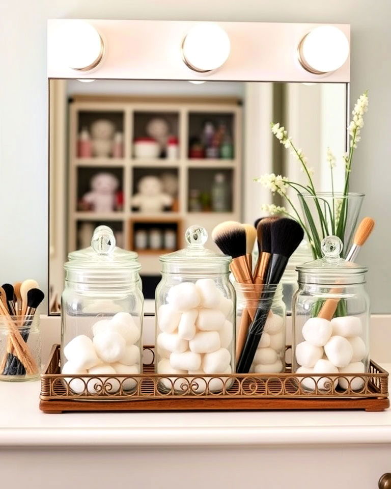 repurpose decorative jars vanity organization