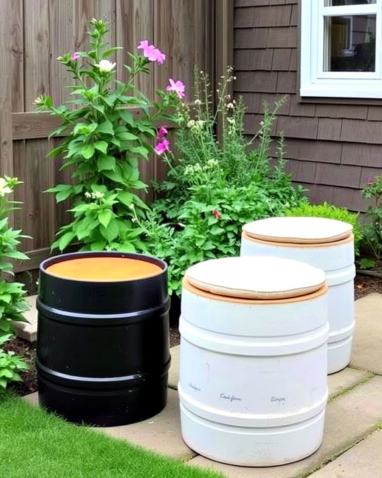 repurposed barrels into unique garden seats