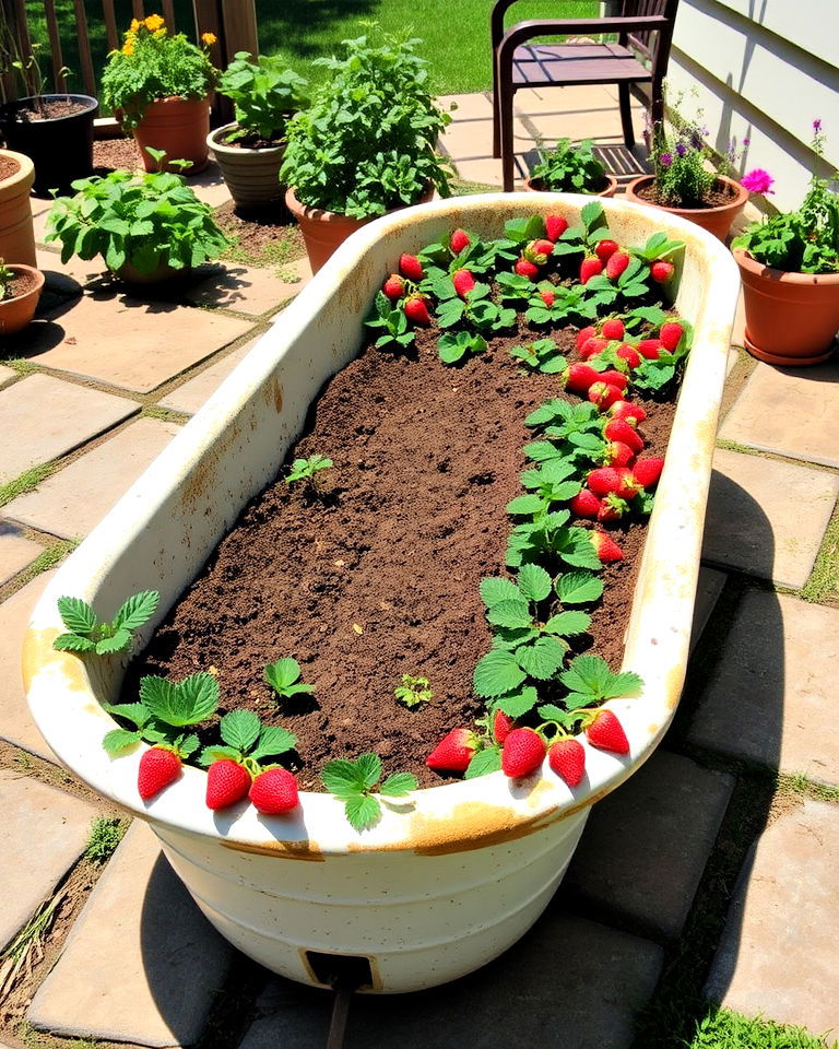 repurposed bathtub planter for strawberry