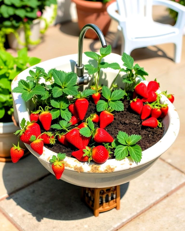 repurposed sink strawberry planter