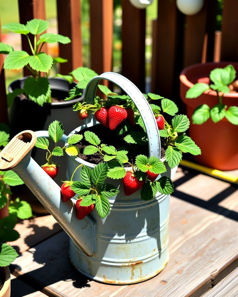 repurposed watering can strawberry planter