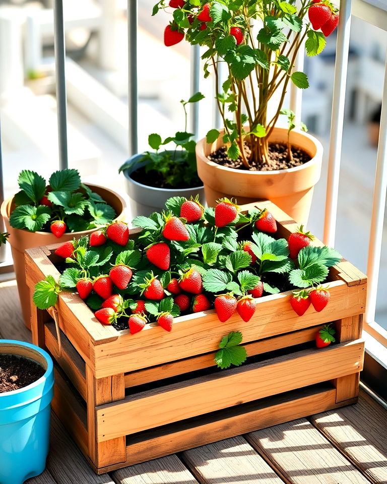 repurposed wooden crate strawberry planter