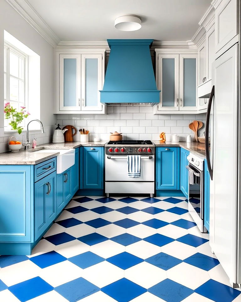retro inspired blue and white checkerboard kitchen floor