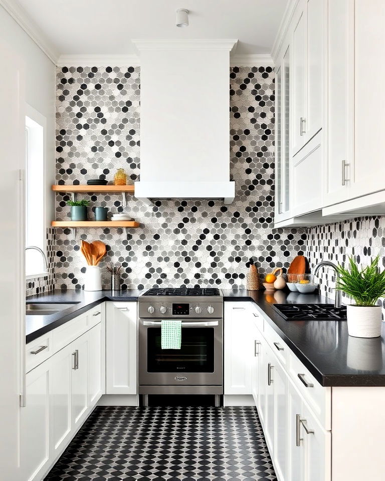 retro yet modern black penny tiled kitchen flooring