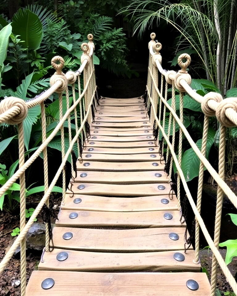 rope and wooden plank garden bridge