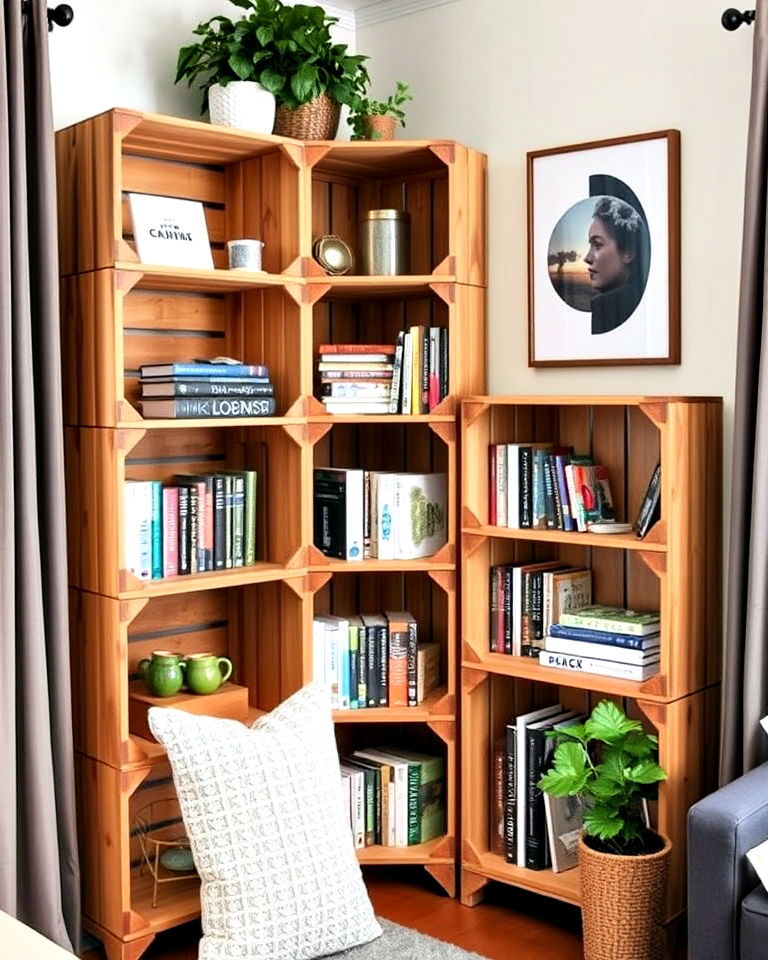 rustic and custom wooden crate corner shelf