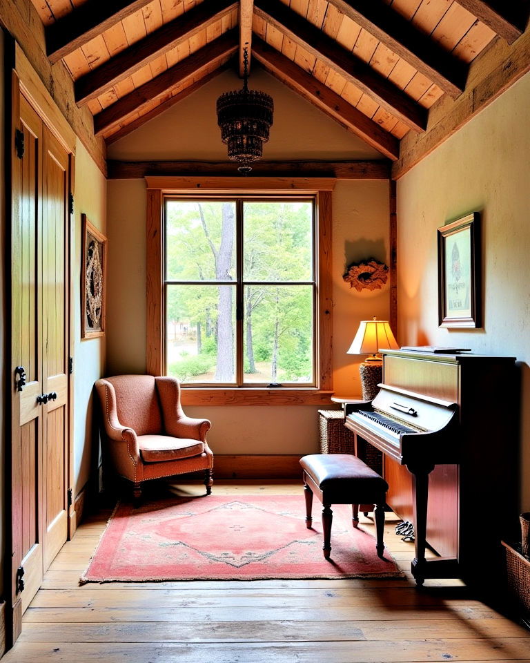 rustic barn style piano room