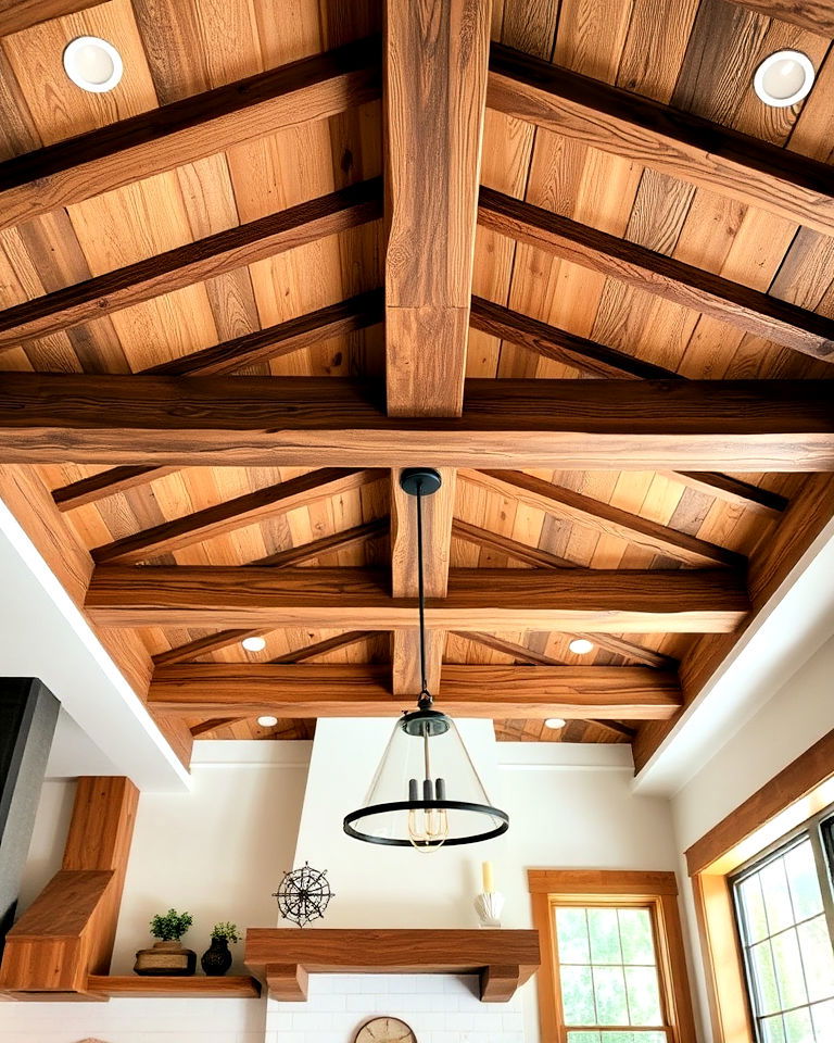 rustic beamed tray ceiling for kitchen