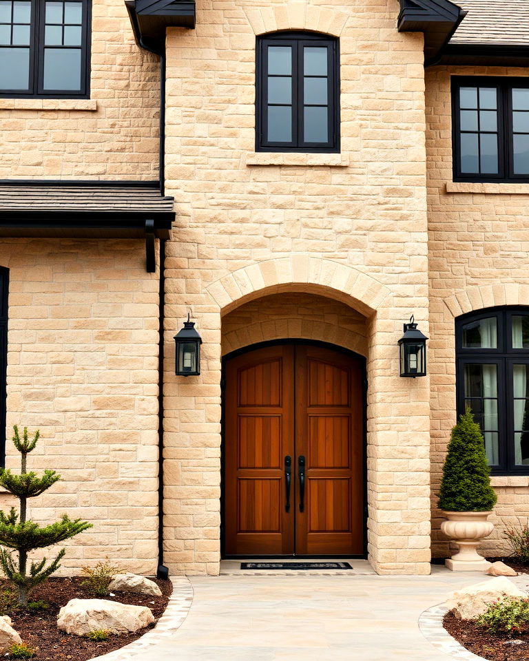 rustic beige stone with black trim