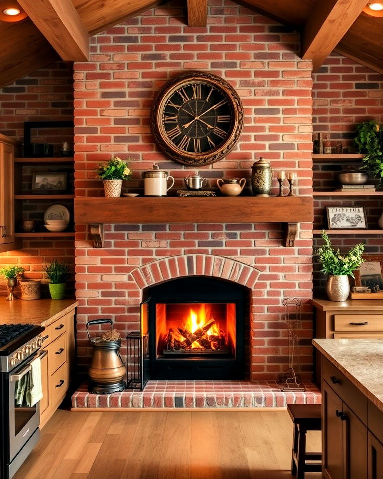 rustic brick fireplace in the kitchen