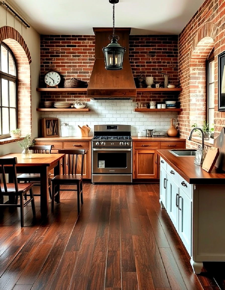rustic charm with dark wood floor and exposed brick